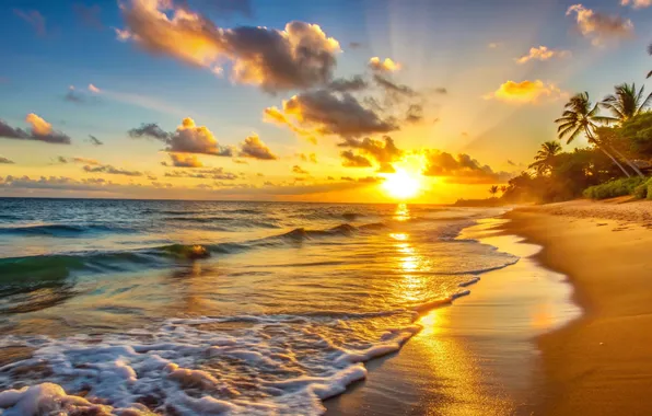 Sand, sea, wave, beach, summer, the sky, sunset, shore