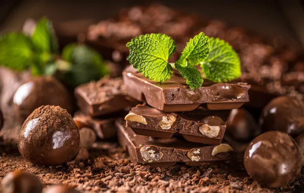 Balls, chocolate, candy, nuts, mint, chocolate, chocolate chips
