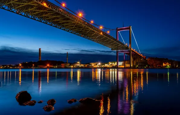 Night, bridge, lights, river, stones, shore, home, lights