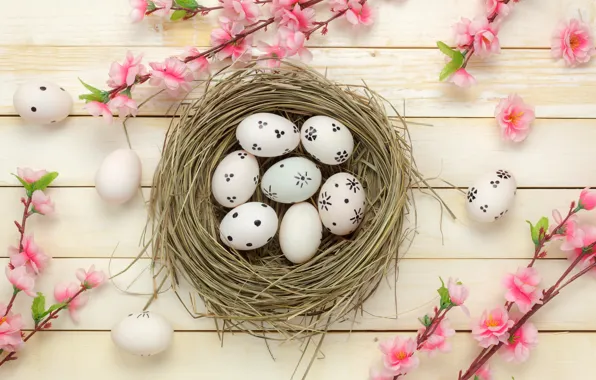 Picture flowers, basket, eggs, spring, Easter, wood, pink, blossom