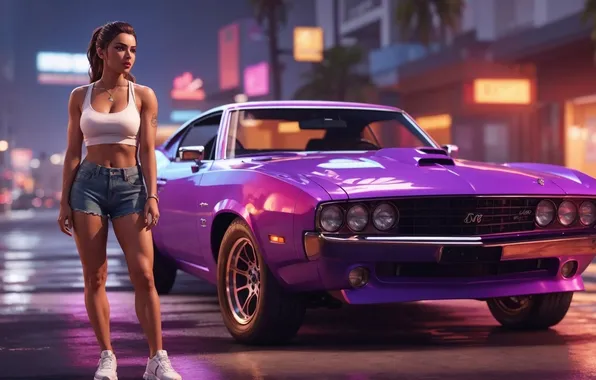 Picture car, night city, digital art, denim shorts, digital art, artificial intelligence, advertising lights, White top