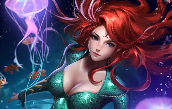 Girl, sexy, cleavage, red hair, long hair, underwater, boobs, anime
