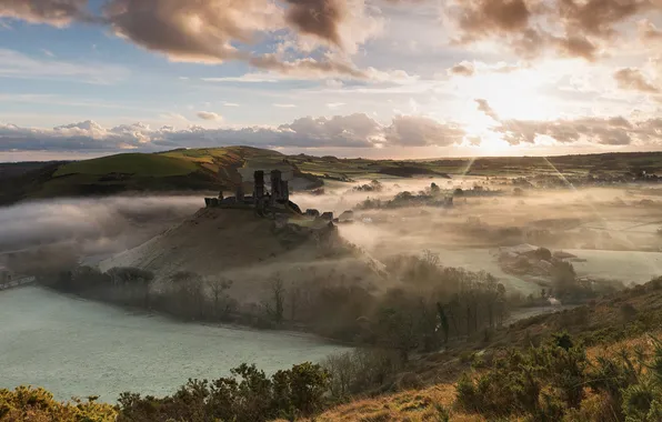 Trees, view, clouds, fog, ruins, Britain