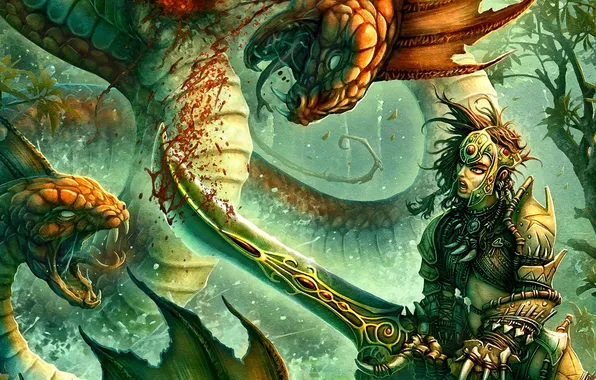 Forest, blood, monster, sword, warrior, male, battle