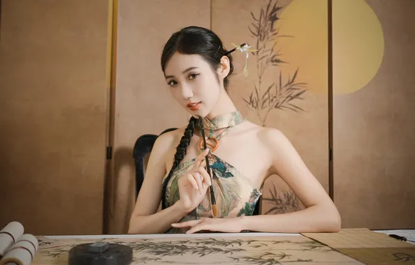 Beautiful, Asian, Model, Smile, Table, Woman, Cute, Pretty
