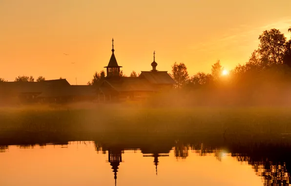 Fog, dawn, Russia, Kizhi, Derevnya Vasilyevo