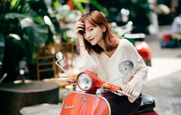 Picture girl, smile, Asian, scooter, bokeh