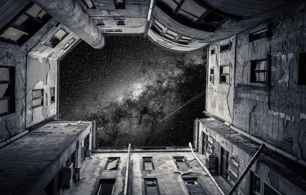 The sky, stars, night, nebula, house, wall, Windows, yard