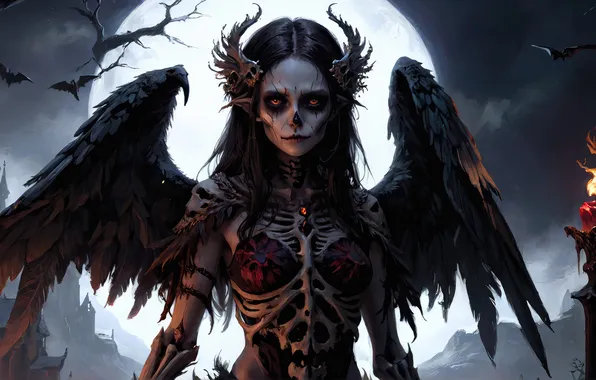 Girl, night, the moon, wings, the demon, fantasy, skeleton, horns