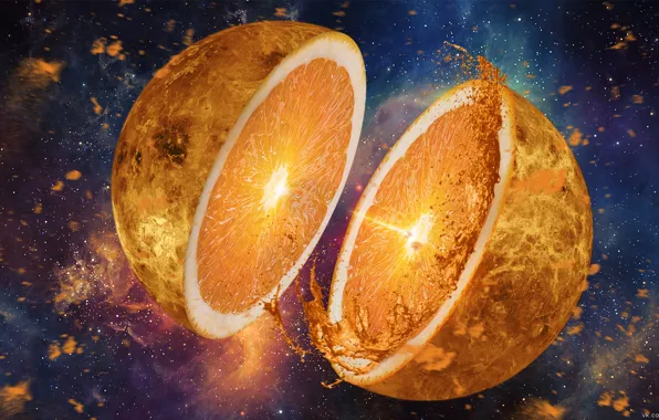 The explosion, rendering, surrealism, planet, orange, Space