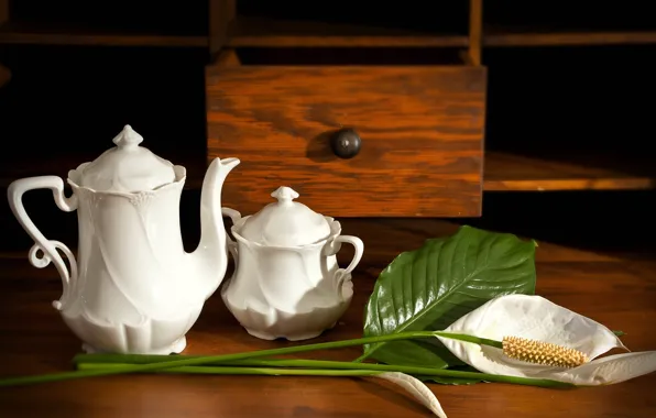 Flower, table, kettle, still life, sugar bowl