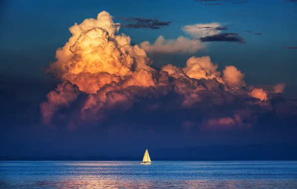 Sea, the sky, clouds, reflection, shore, sailboat, mirror, horizon