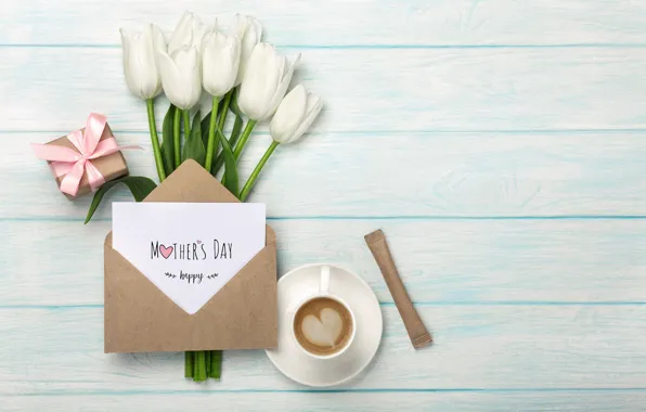 Gift, bouquet, tulips, the envelope, congratulations, Mother's day