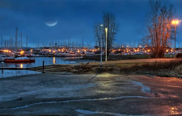 The sky, river, the moon, yachts, the evening, pier, lights