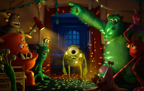 Picture monsters, party, Academy of monsters, Mike Wazowski, Sulley, Monsters University