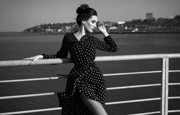 Picture girl, bridge, pose, river, the wind, model, figure, dress
