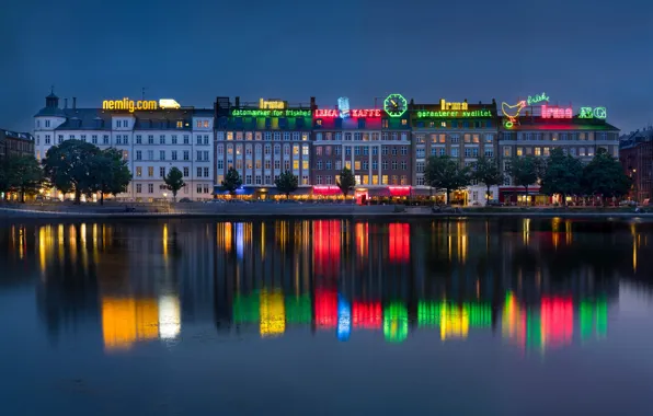 Water, night, lights, reflection, river, home, neon, Denmark
