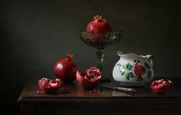 Fruit, knife, pitcher, garnet