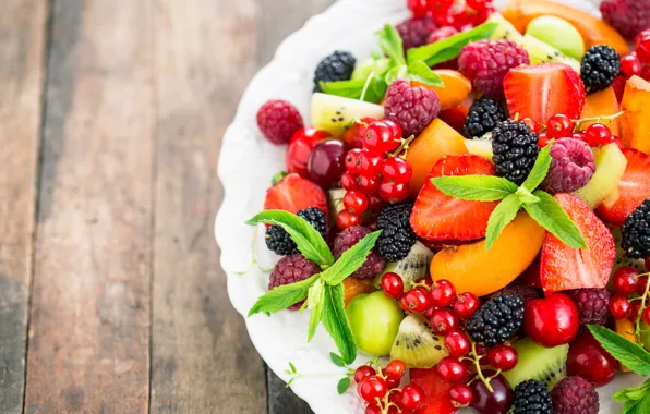 Picture berries, raspberry, blueberries, fruit, mint, wood, fruit, salad