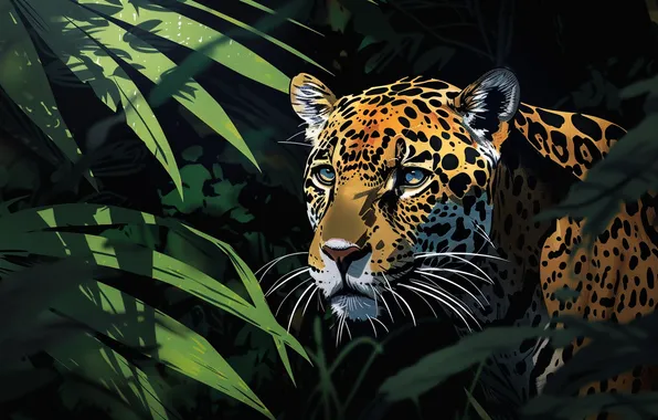 Look, Leaves, Jaguar, Face, Predator, Digital art, Big cat, Closeup