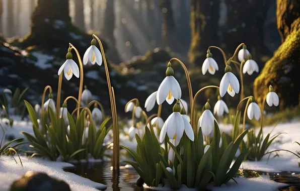 Forest, water, rays, light, snow, trees, flowers, nature