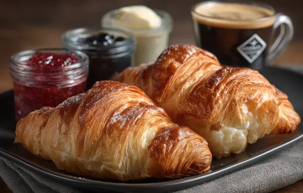 Glass, coffee, jam, tray, jam, croissants, AI art, neural network