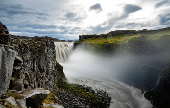 The sky, clouds, mountains, fog, river, stones, open, rocks