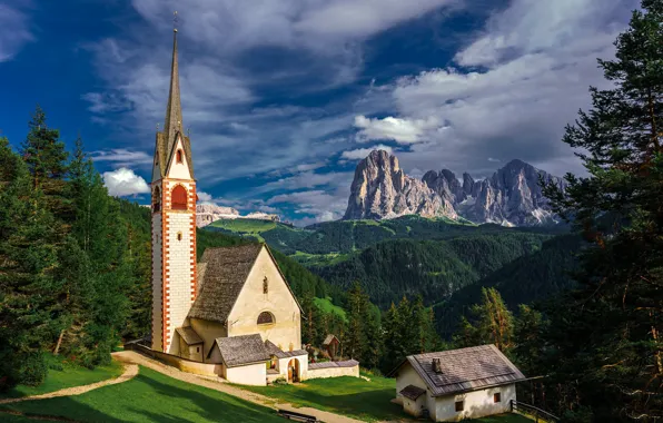 Picture mountains, Alps, Italy, Church, Ortisei