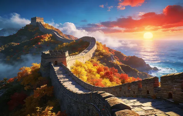 Picture sea, landscape, mountains, sun rays, Great Wall of China, ai art