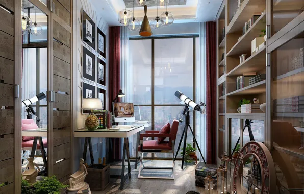 Telescope, the room, shelves, dumbbells, MY WORKSTATION