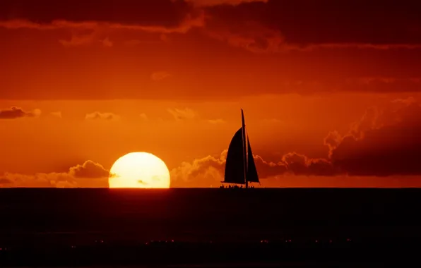 Picture sea, the sky, the sun, clouds, sunset, nature, Sailboat