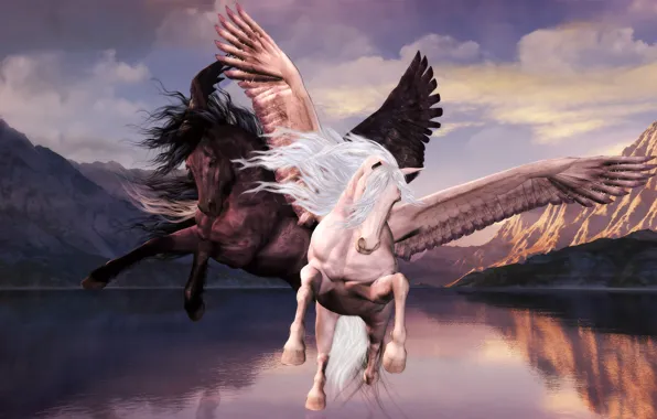 Picture clouds, flight, mountains, lake, The Pegasi