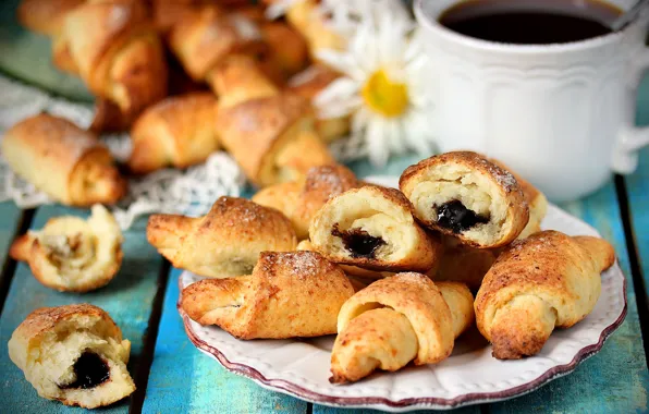 Picture tea, cakes, jam, bagel