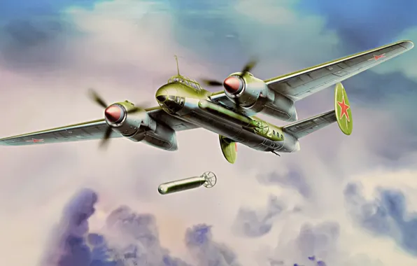 Picture war, art, airplane, painting, aviation, ww2, Tupolev Tu-2, daylight bomber