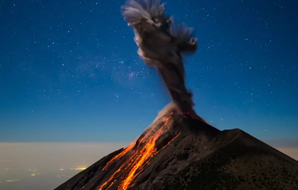 Picture the sky, night, smoke, the volcano, lava