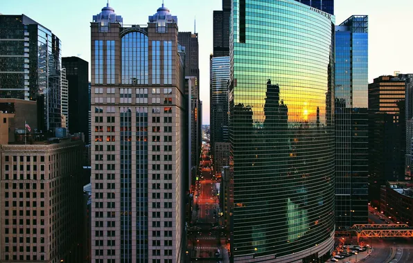 Sunset, river, building, skyscrapers, the evening, Chicago, Chicago