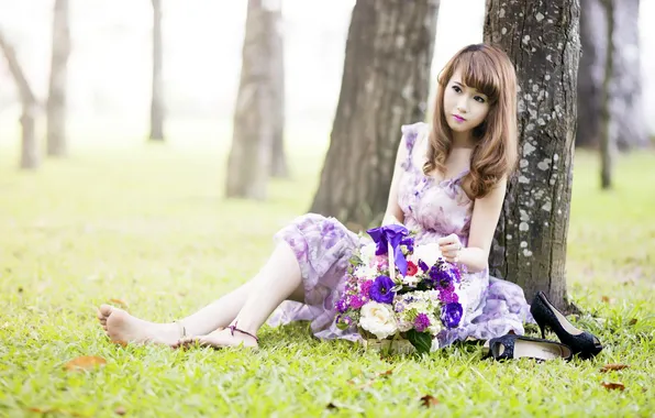 Girl, flowers, background, Asian