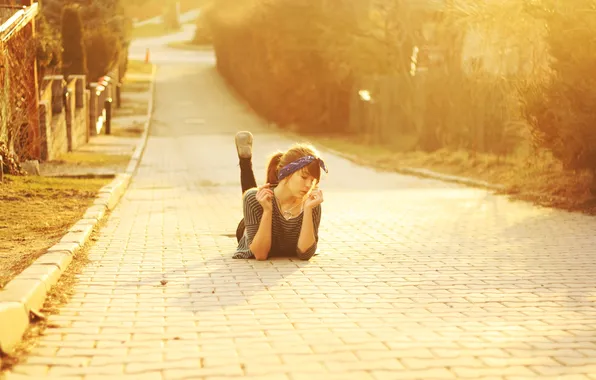 Road, girl, morning