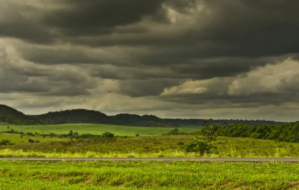 Picture road, the storm, field, hills, gray clouds