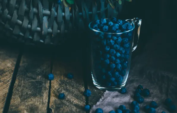 Picture glass, food, blur, berries, basket, blueberries, bush