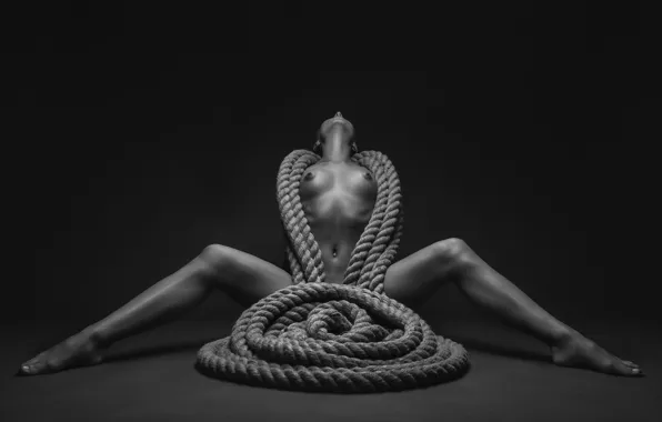 Girl, naked, rope, monochrome, black and white photo