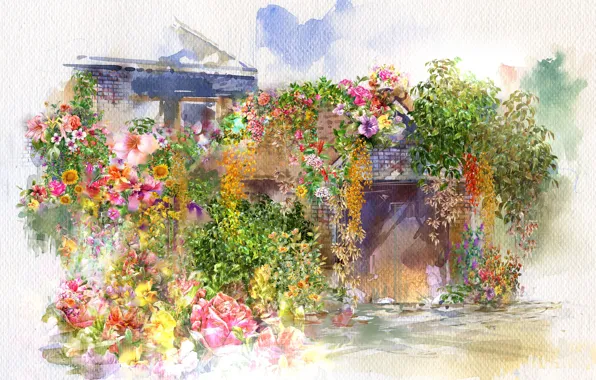 Flowers, house, watercolor, painting