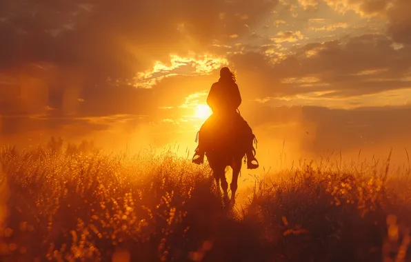 Field, the sky, girl, the sun, clouds, rays, sunset, fog