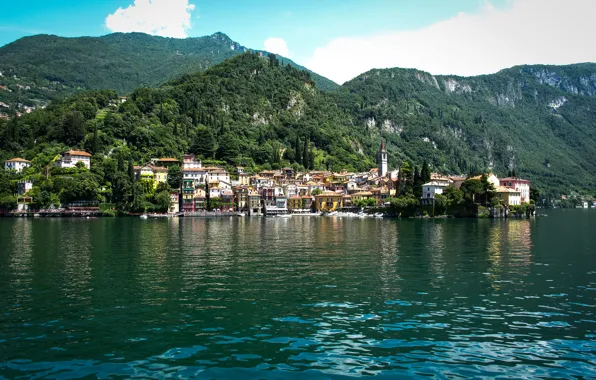 Picture forest, trees, mountains, lake, shore, home, Italy, the village
