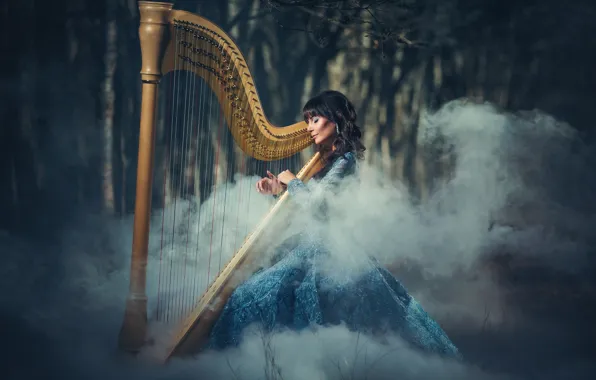 Girl, trees, pose, fog, mood, model, smoke, portrait