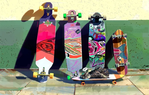 Figure, Cat, Cat, Art, Art, Illustration, Skateboard, by L IN