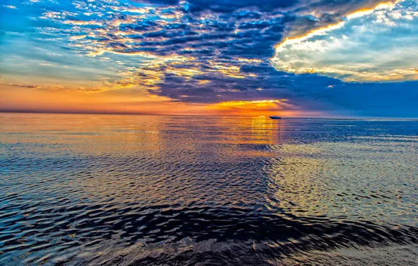 Sunset, lake, ruffle, boat, lake Michigan, Lake Michigan