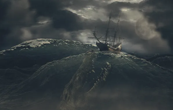 Picture sea, the sky, clouds, storm, rendering, sea monster