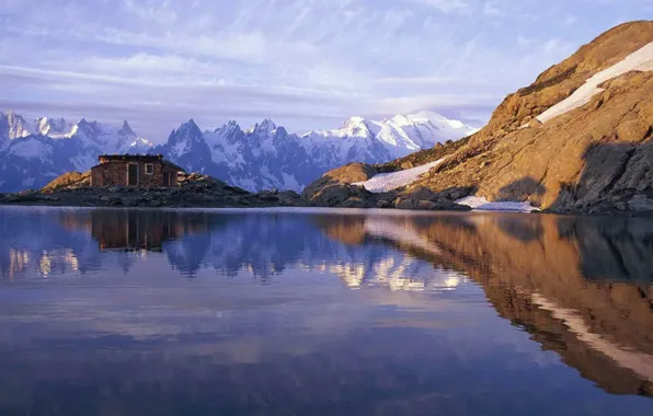 The sky, clouds, mountains, lake, reflection, house