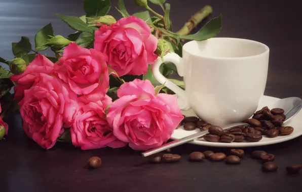 Flowers, coffee, roses, bouquet, pink, coffee beans